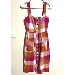 Free the Roses Plaid Button Midi Dress Smocked Pockets boho farmhouse picnic